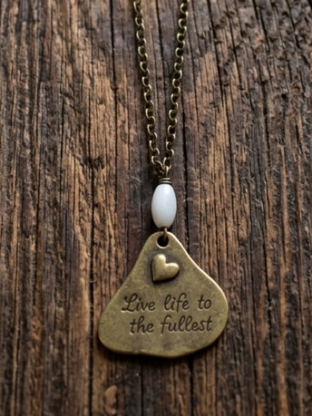 Live Life to the Fullest Brass Pendant Necklace w/ Pearl Accent 30” clasp chain